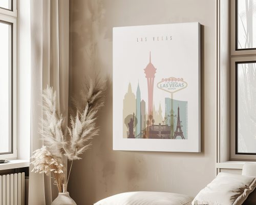 Art print featuring a stylized cityscape of Las Vegas with iconic landmarks.