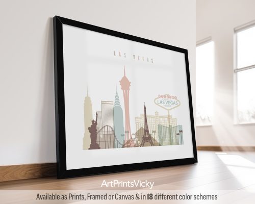 Art print featuring a stylized illustration of Las Vegas landmarks including the Eiffel Tower and skyscrapers.