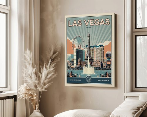 Retro poster of Las Vegas featuring the Eiffel Tower replica and city skyline.