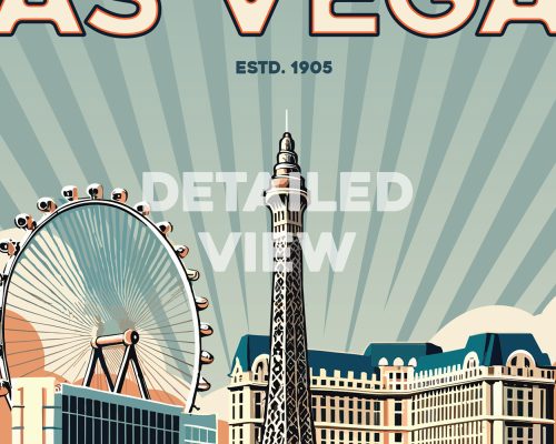Retro-style illustration of Las Vegas featuring the Eiffel Tower replica and a Ferris wheel.