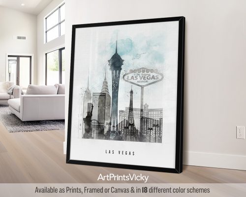 Artistic representation of Las Vegas skyline featuring iconic buildings and landmarks.