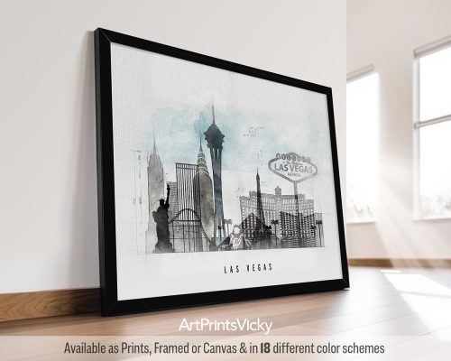 Framed artwork featuring a cityscape of Las Vegas with notable landmarks and a watercolor effect.