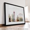Art print featuring a stylized cityscape of Las Vegas with iconic landmarks in various colors.