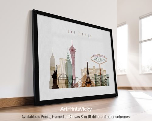 Art print featuring a stylized cityscape of Las Vegas with iconic landmarks in various colors.