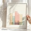 Art print of a stylized cityscape featuring buildings in Leeds with pastel colors.