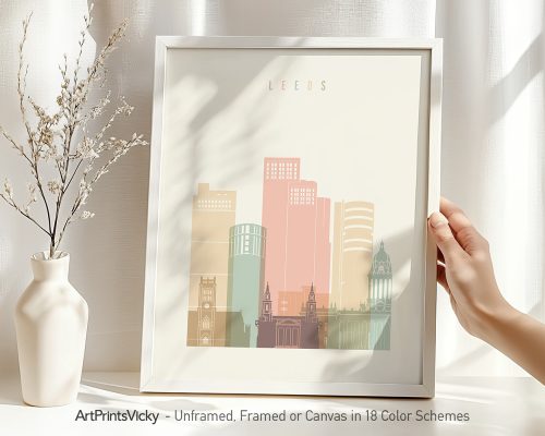 Art print of a stylized cityscape featuring buildings in Leeds with pastel colors.
