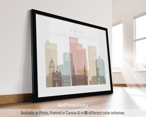 Framed print of a stylized cityscape of Leeds with various building silhouettes.