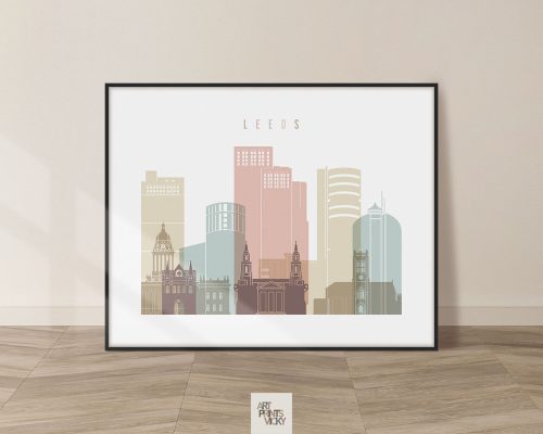 Illustration of the Leeds city skyline featuring various buildings in muted colors.