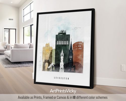 Framed art print of Leicester city skyline with notable buildings and landmarks.