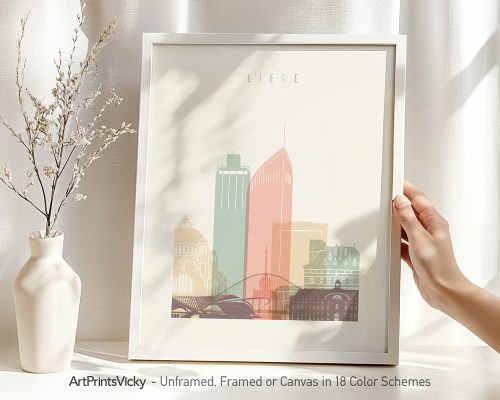 Art print of Liege cityscape featuring buildings and bridges in pastel colors.