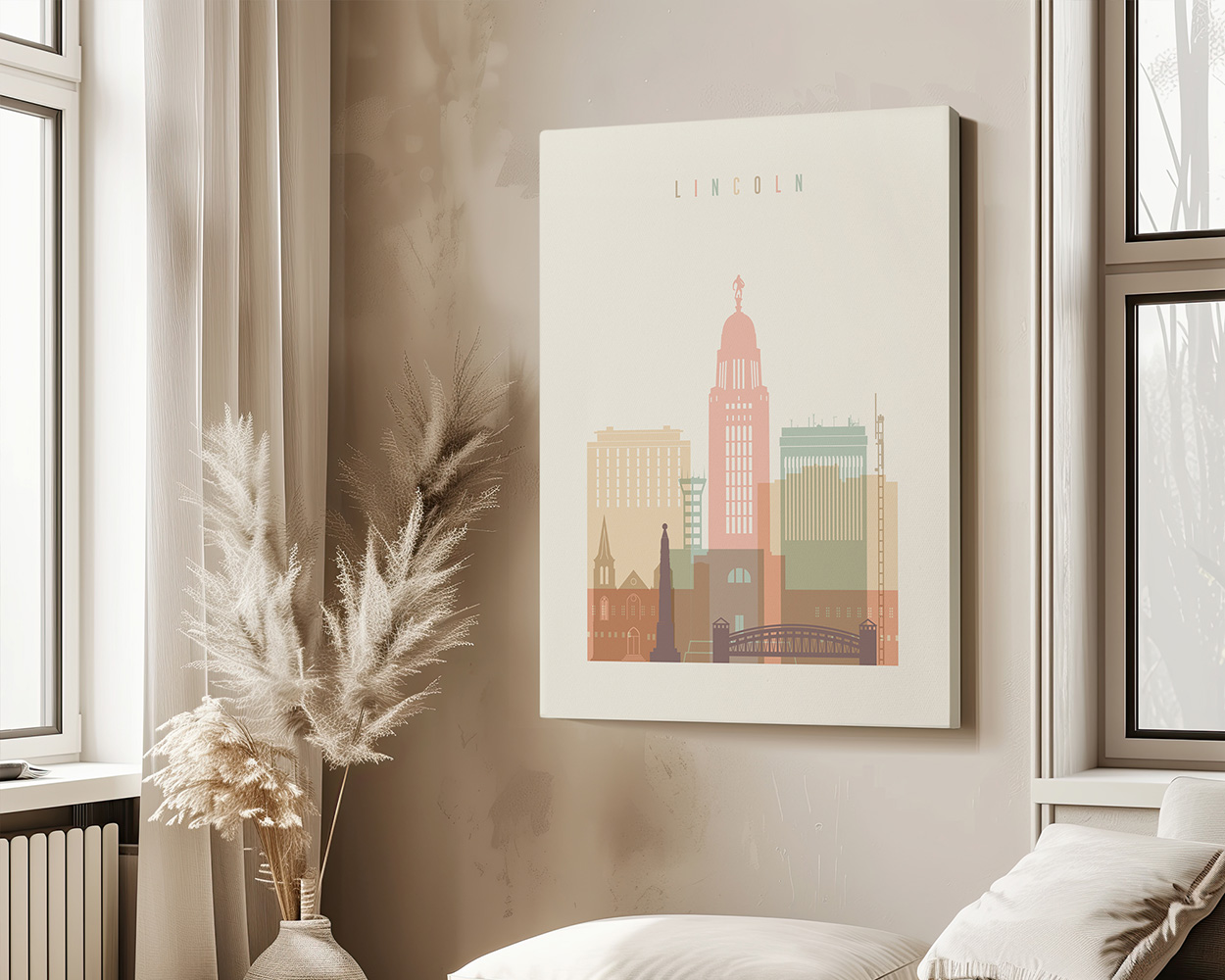 Art print featuring a stylized cityscape of Lincoln with notable buildings and structures.