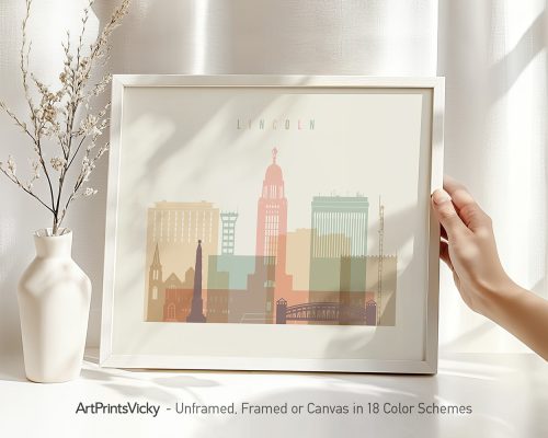 Framed artwork depicting a stylized cityscape of Lincoln with various buildings and structures.
