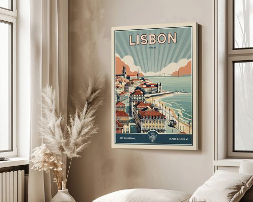 Retro-style poster of Lisbon featuring buildings, coastline, and text at the top.