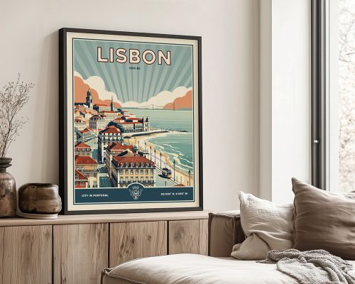 Vintage-style poster of Lisbon featuring coastal scenery and buildings.