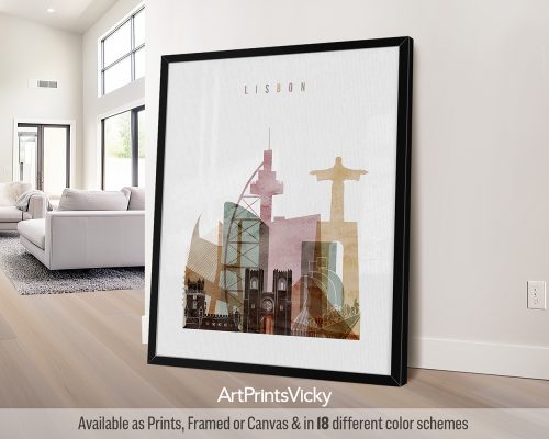 Art print featuring various landmarks and architectural elements representing Lisbon.