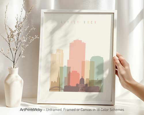 Art print of Little Rock cityscape featuring buildings in pastel colors with the text 'Little Rock'.