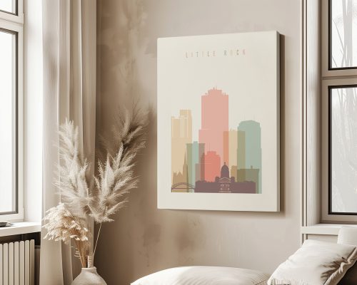 Art print featuring a stylized cityscape of Little Rock with pastel colors and prominent buildings.