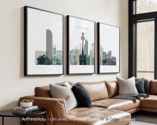 Three framed art prints depicting a cityscape of Liverpool with notable landmarks.