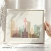Art print of Liverpool cityscape featuring iconic buildings and structures in pastel colors.