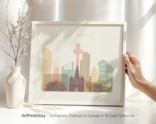 Art print of Liverpool cityscape featuring iconic buildings and structures in pastel colors.