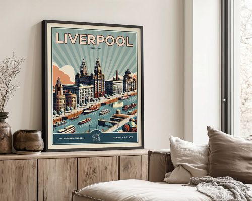 Retro-style poster featuring the city of Liverpool with buildings and boats along the waterfront.