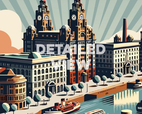 Illustration of Liverpool's iconic buildings with a retro design and a riverboat in the foreground.