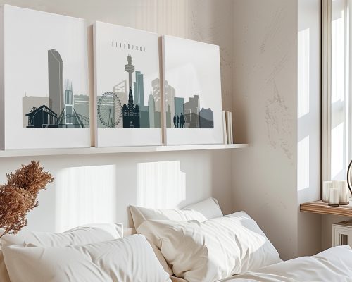 Three framed art prints depicting a Liverpool cityscape with notable buildings and structures.