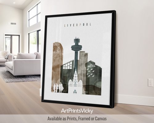 Framed art print of Liverpool cityscape featuring notable buildings and structures.