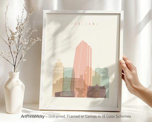 Art print of Ljubljana cityscape featuring buildings in pastel colors with the name 'Ljubljana' at the top.