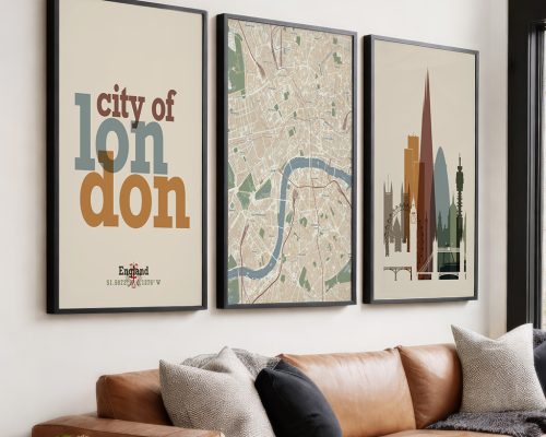 London Wall Art Set of 3 Prints, Map, Skyline