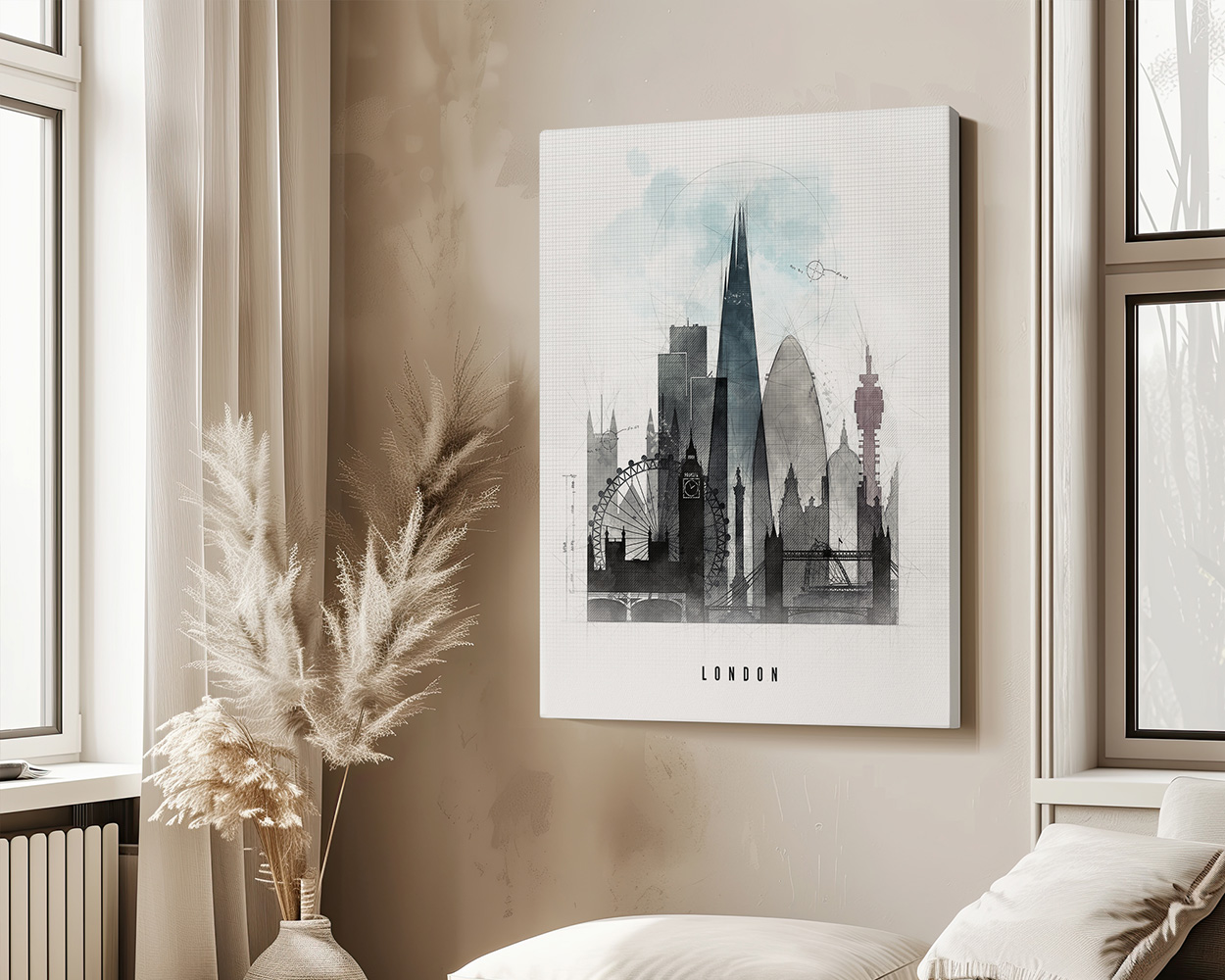 Art print featuring a stylized silhouette of London landmarks against a light background.
