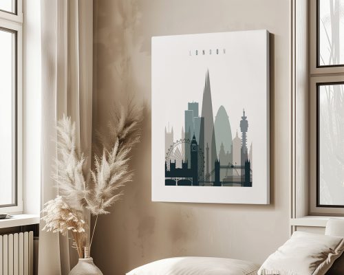 Stylized illustration of London's skyline featuring notable landmarks in muted colors.