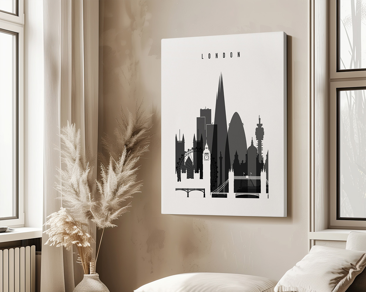 Black and white artwork depicting a stylized skyline of London with notable landmarks.