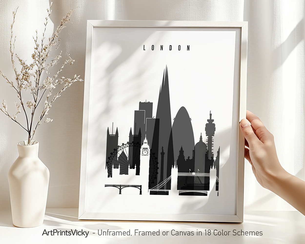 Black and white silhouette of London's skyline featuring iconic landmarks.