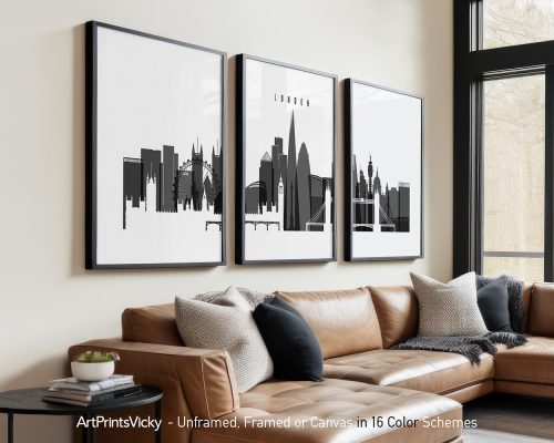 Three framed black and white cityscape prints of London displayed on a wall.