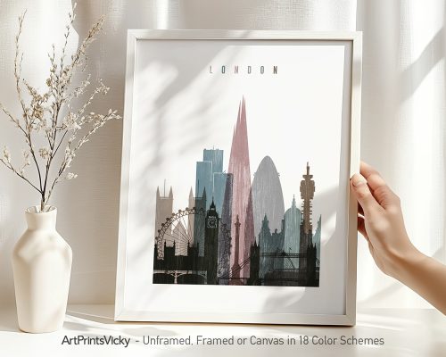 Framed artwork depicting a stylized cityscape of London with notable landmarks.