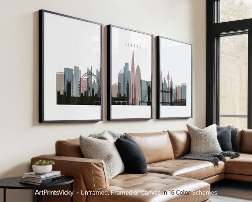 Three framed prints of London cityscape featuring notable landmarks like the London Eye and skyscrapers.