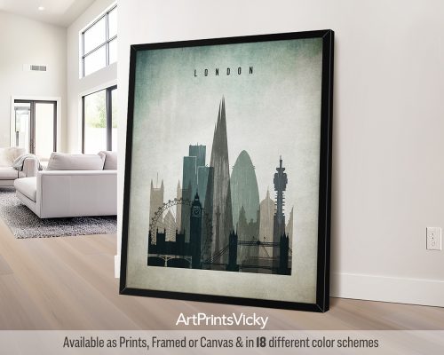 Framed print of a London cityscape featuring iconic buildings and landmarks.