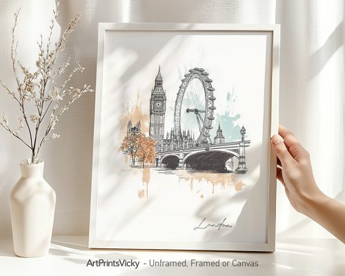 Illustration of London featuring the Big Ben, London Eye, and a bridge with trees in the foreground.