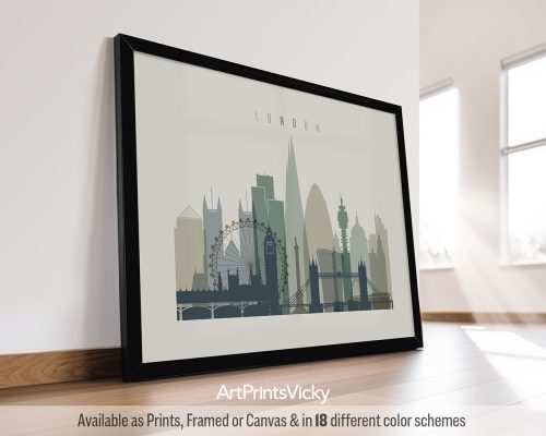 Framed print of a London cityscape featuring iconic buildings and landmarks.