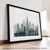Framed print of a stylized cityscape of London featuring iconic landmarks.