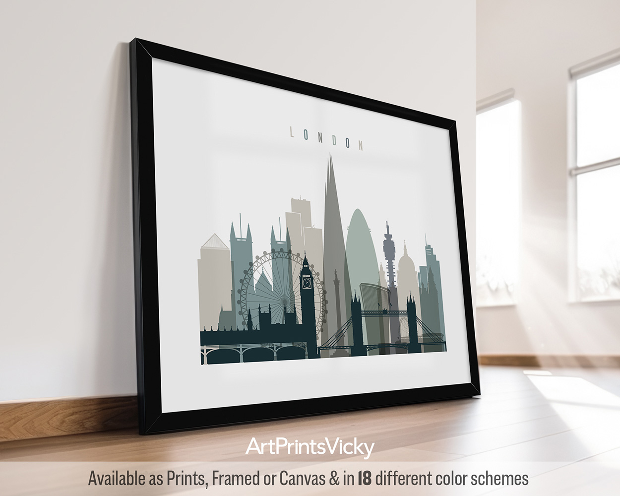Framed print of a stylized cityscape of London featuring iconic landmarks.