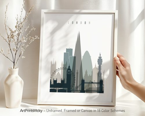 Art print featuring a silhouette of London's skyline with notable landmarks.