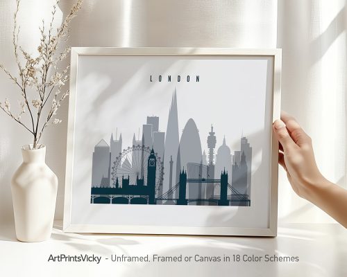Framed cityscape print of London featuring iconic landmarks in a minimalist style.