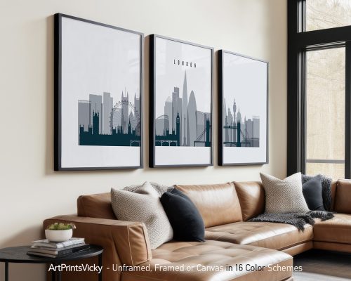 Three framed art prints depicting a stylized cityscape of London with notable landmarks.