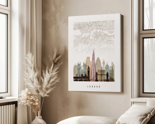 Art print of a London city map featuring notable landmarks and a light color palette.