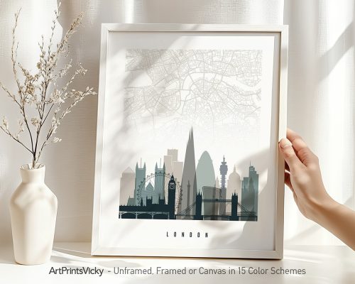 Art print of a London city map featuring notable landmarks in a minimalist design.
