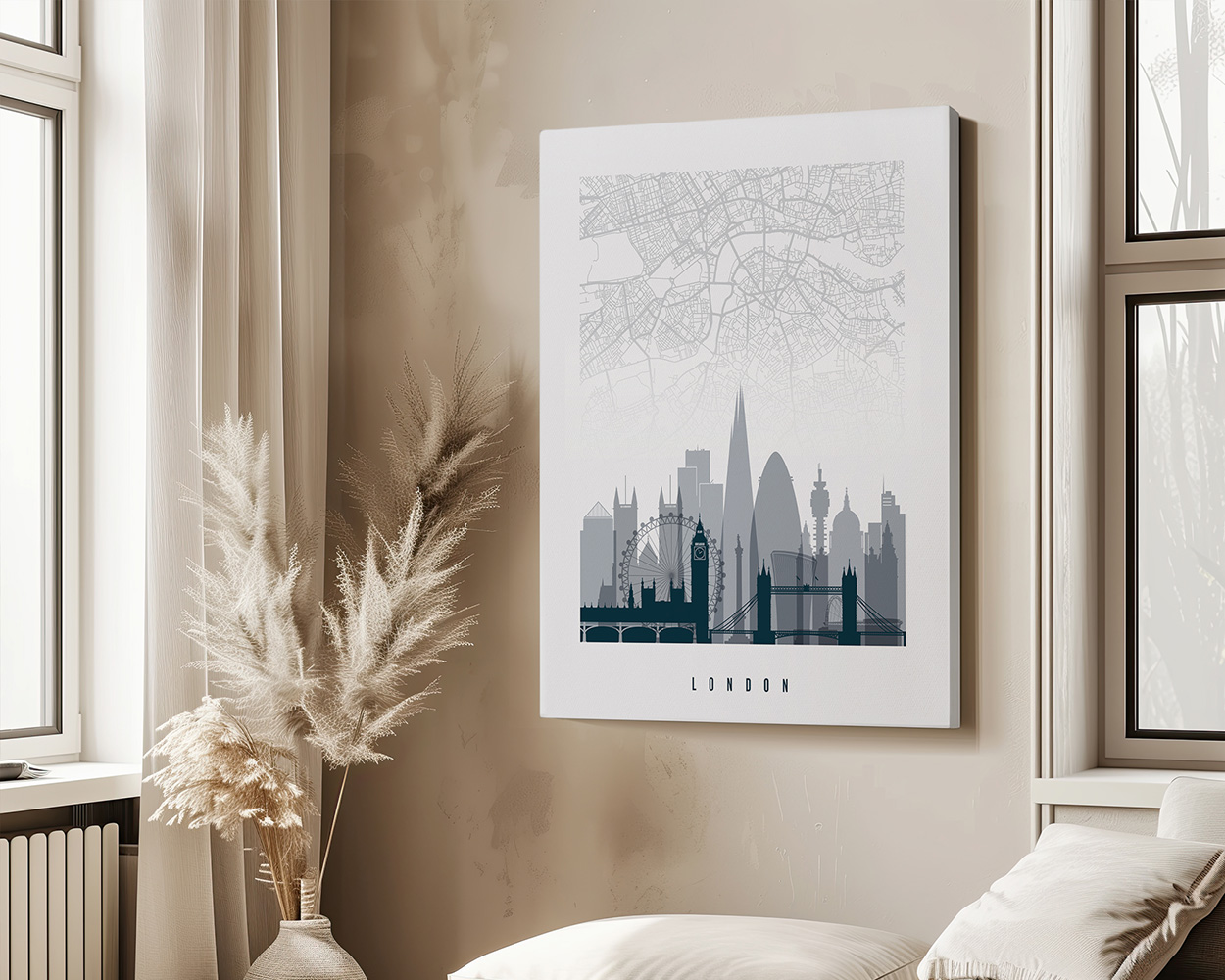 Map of London featuring a skyline silhouette with notable buildings and landmarks.