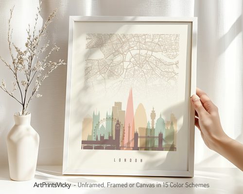 Art print of a London city map featuring key landmarks and a minimalist design.
