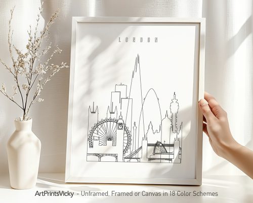 Line art illustration of London's skyline featuring notable landmarks in a minimalist style.